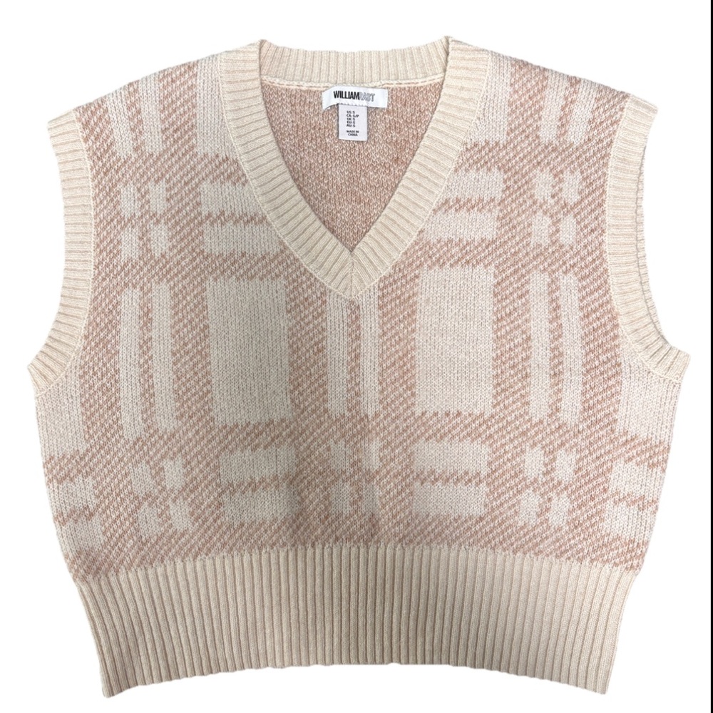 William Rast Sweater Vest S Blush Tan Plaid Super Soft Fuzzy Sleeveless Preppy